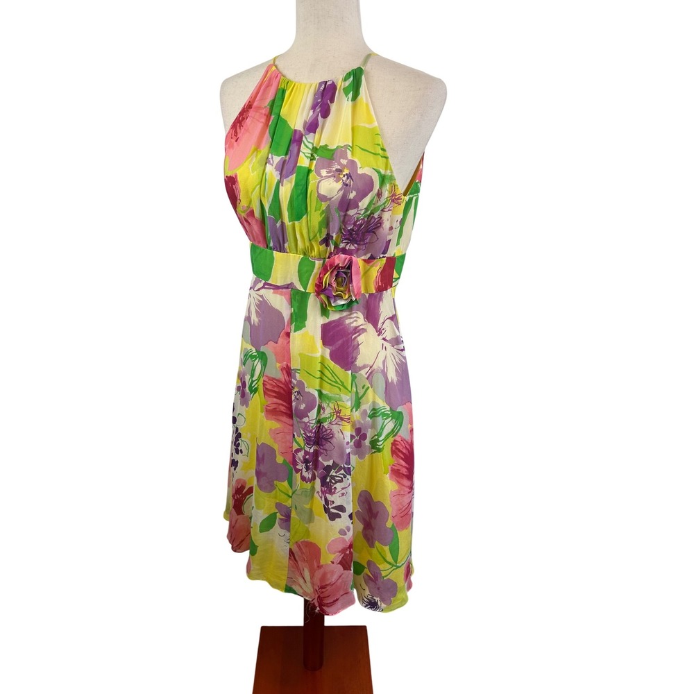 Madison Halter Dress Women's Size 8 Floral 100%โ Silk Y2K Party Cocktail